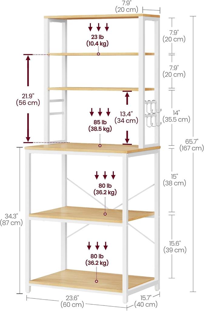 VASAGLE Scaffale da Cucina, Angolo Caffè, Scaffale da Panettiere, Totale 6 Ripiani e 6 Ganci, per Microonde, Struttura in Acciaio, Industriale, 40 x 60 x 167 cm