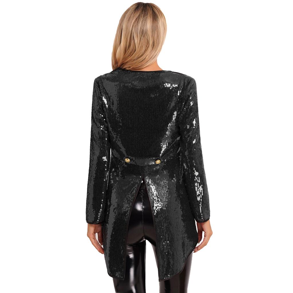 Womens Halloween Magician Dress Suit Circus Tailcoat Jacket Sparkle Sequin Blazers Tuxedo Outerwear Dress Up Costumes