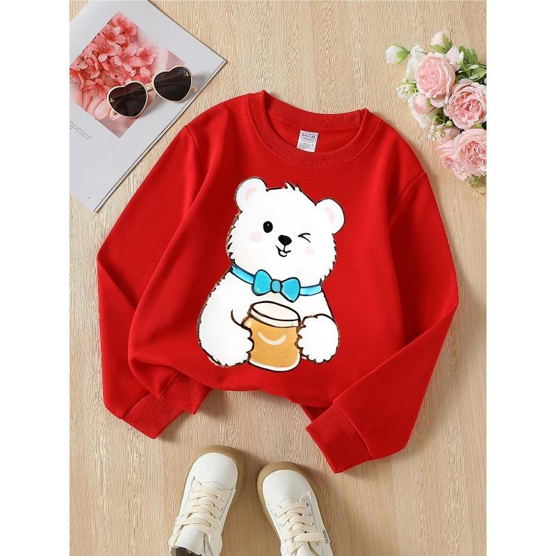 European Sizes Kids' Crewneck Sweatshirt - Cute Bear with Honey Jar And Bowtie , Sportswear And Casual Wear, Soft And Comfortable, Children's Clothing