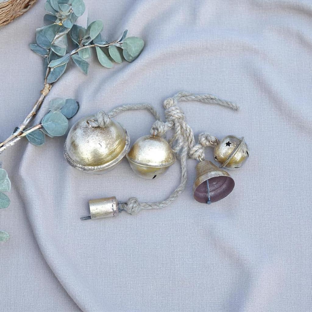 Rustic Gold Metal Wind Chime 22" Long with 5 Mixed Shape Bells, Handmade Jute Rope Hanging Decor for Garden and Home