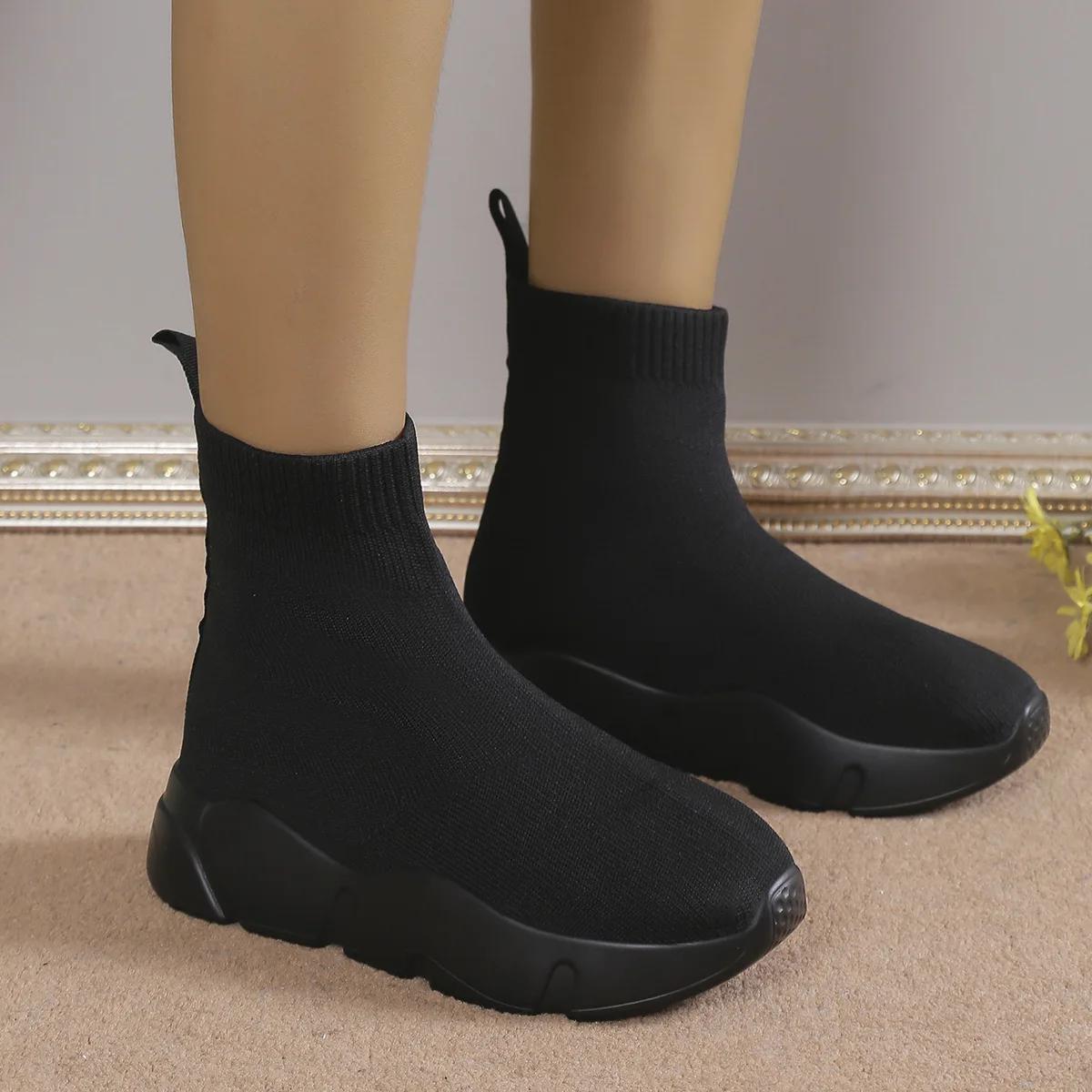 

Модная обувь женская большого размера модные зимние короткие носки-трубы ботинки на плоской подошве с круглым носком на среднем каблуке кроссовки-рукава для женщин вулканизированная обувь 36 чёрный
