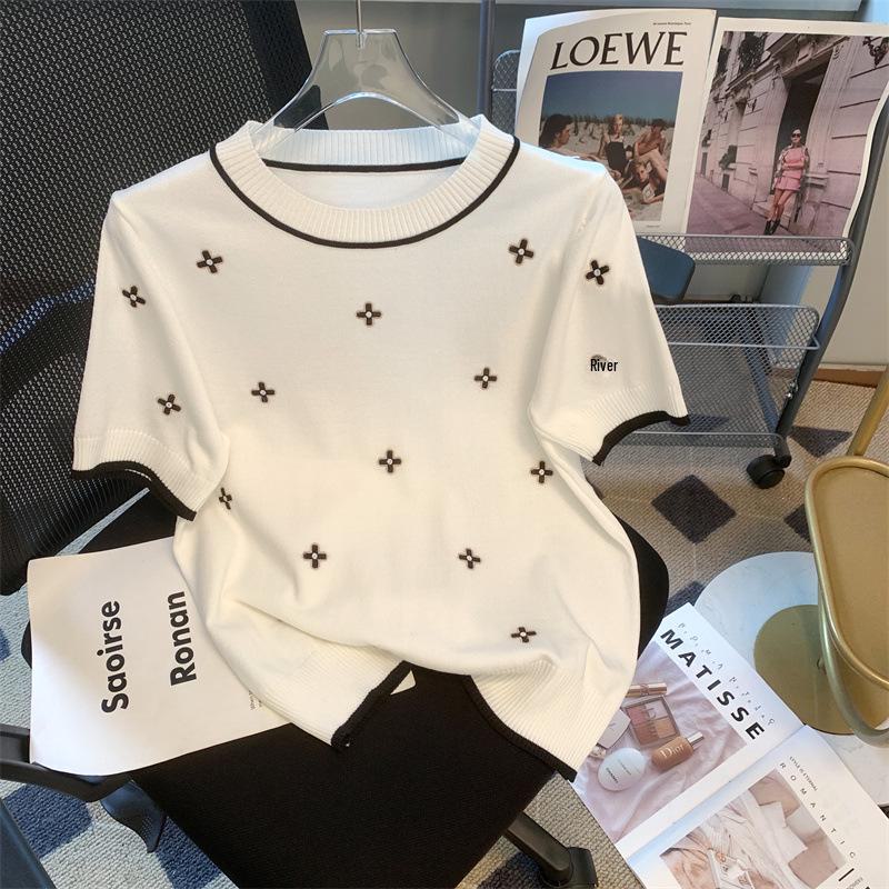 Summer 2023 Four-Leaf Clover Embroidered Ice Silk Knit T-Shirt