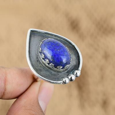 Pierre Précieuse Lapis Lazuli Naturel Argent 925 Bague Promesse Ajustable Pour Femmes