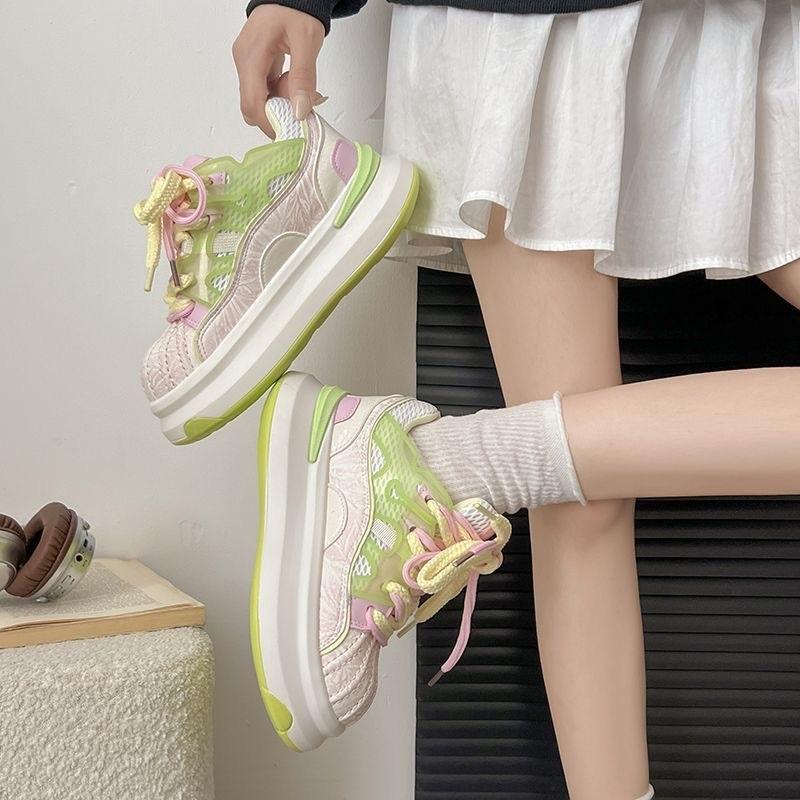 Autumn Women's Chunky Sneakers Breathable Mesh Casual Shoes Lace-Up Thick Sole Platform Shoes For Daily Wear
