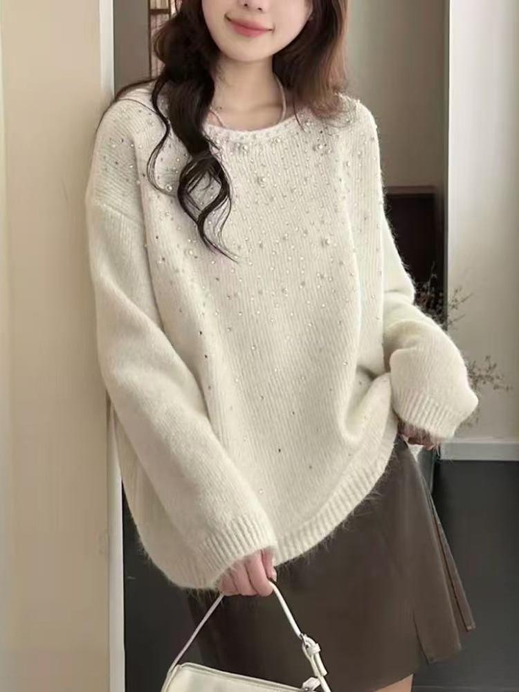 Korean High-End Beaded Knit Pullover for Women - Autumn/Winter Slimming Loose Sweater