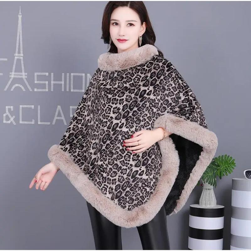

5 цветов пончо с леопардовым принтом из искусственного меха кролика, зимняя бархатная теплая уличная накидка, женская вязаная накидка с круглым вырезом, свободный пуловер, пальто с шалью ONE SIZE бежевый