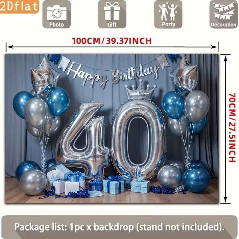 2D Blue Silver 40th Birthday Photography Backdrop Crown & Balloon Party Background
