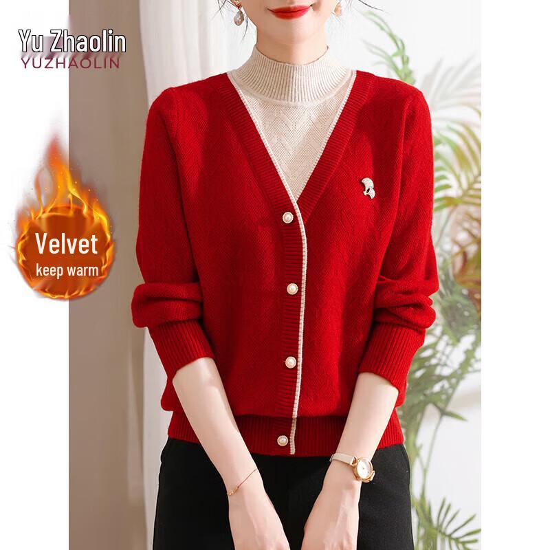 YUZHAOLIN Faux Two-Piece Fleece-Lined Knitted Cardigan for Women