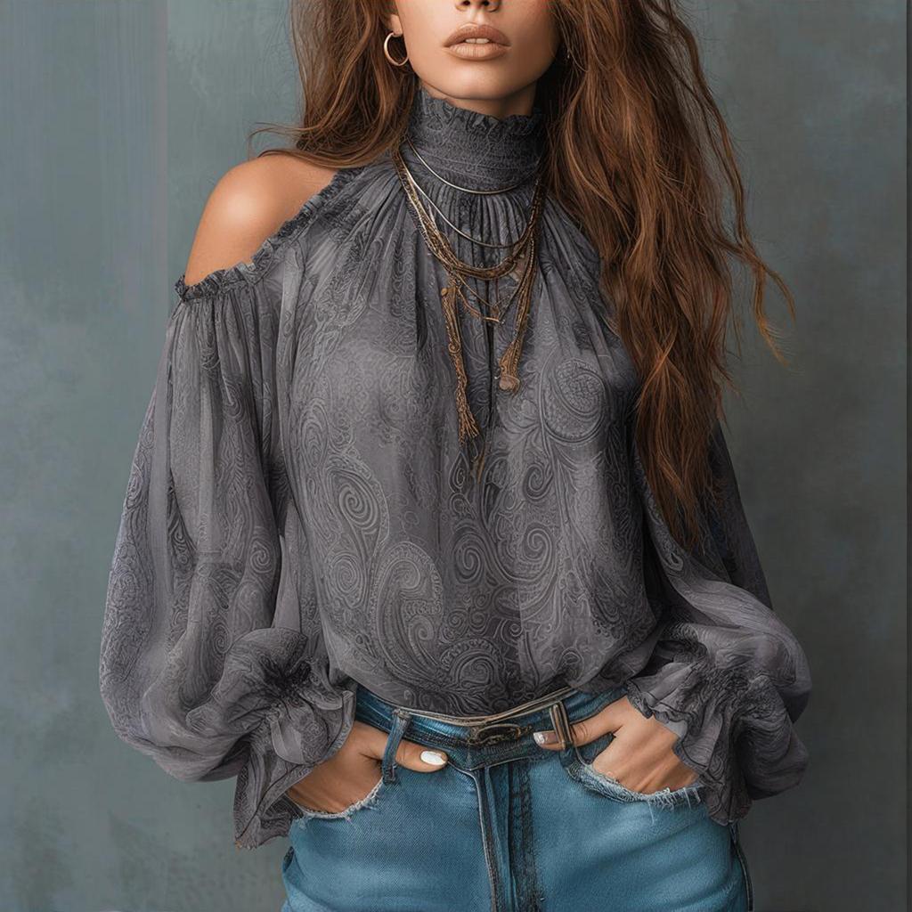 Womens High Neck Cold Shoulder Chiffon Blouse Lantern Sleeve Loose Fit Top Casual Shirt