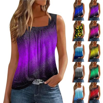 Women's Summer Casual Pleated Square Neck Sleeveless Tank Top Printed T-Shirt