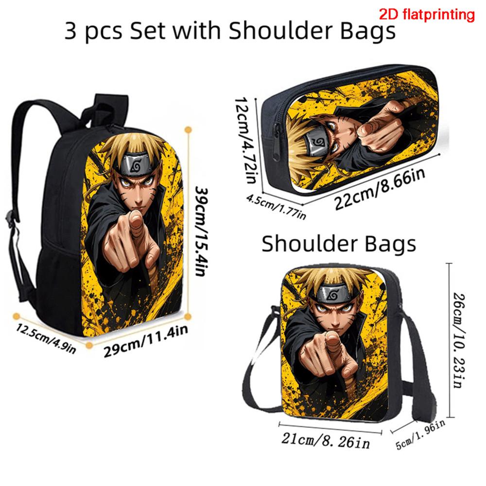 3Pcs Set Kids Backpack With Crossbody Bag & Pencil Bag,Cartoon NARUTO School Bags For Age 5-9,Lightweight For Boys and Girls.