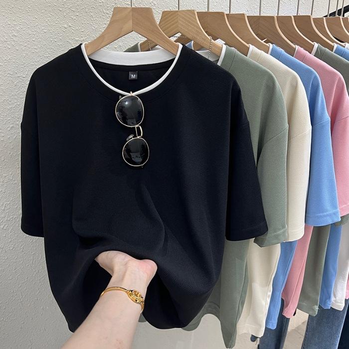 

Special Offer - Large Size Waffle Short Sleeve T-Shirt Women s Summer New Loose Versatile Crew Neck Contrast Color Half Sleeve Top Tide 3XL чорний