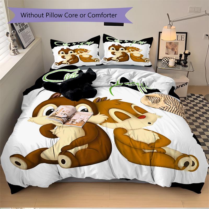 3pcs Cute Chip 'n' Dale Quilt Set Soft and Comfortable Bedroom, Guest Room and Dorm Decor Bedding Set 1 Quilt Cover + 2 Pillowcases.S029