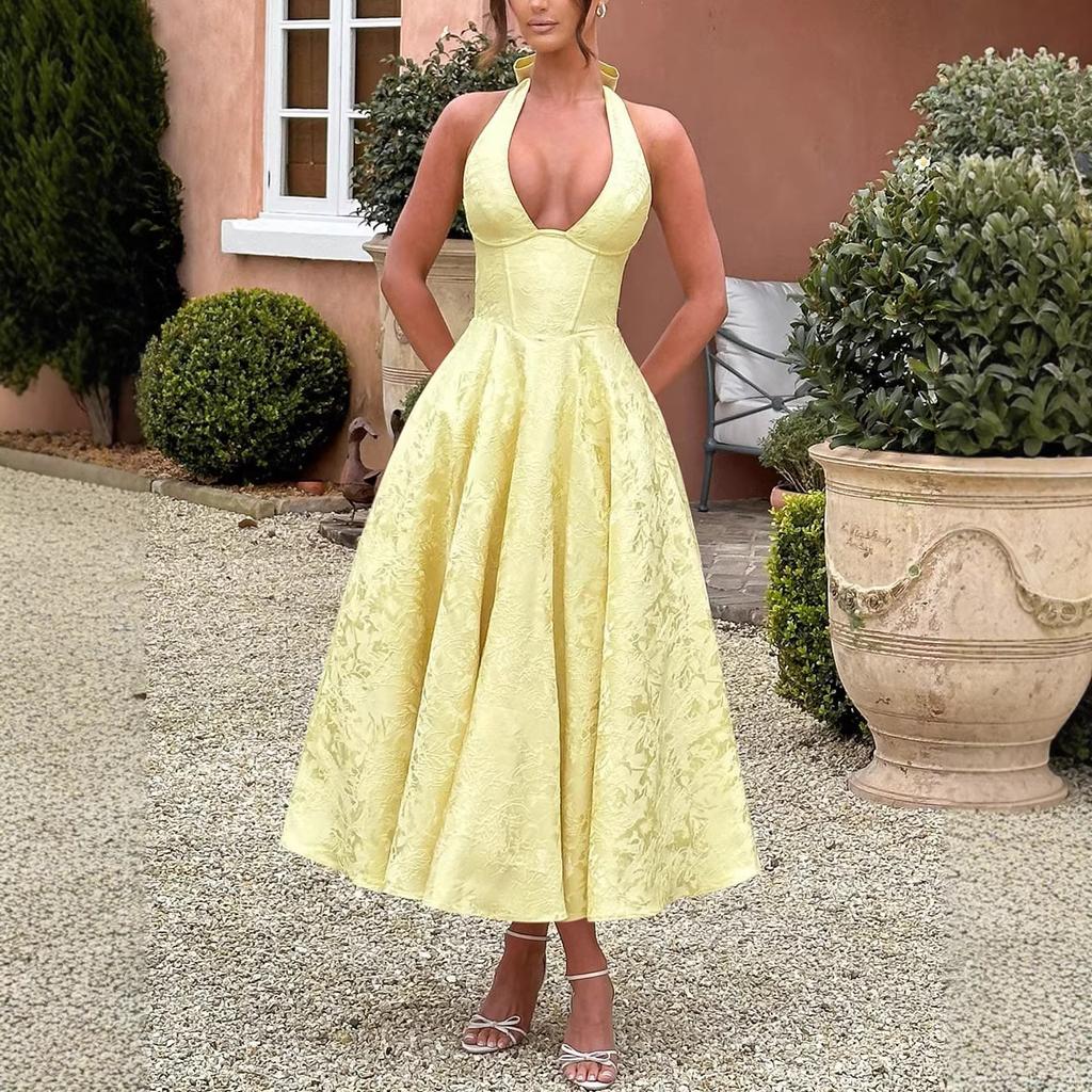 2026 Abito da Sera Jacquard Scollo a V con Laccetti sulla Nuca Schiena Scoperta Vestibilità Aderente Elegante