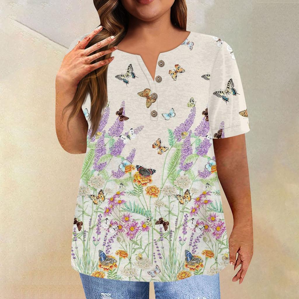 Women's Short Sleeve Shirt Button Plus Size T-Shirt Flower Printed Casual Tops