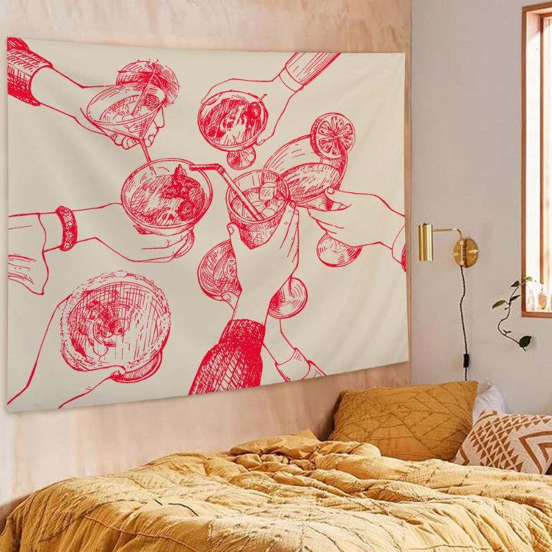 Pink Watercolor Cherry Tapestry Wall Hanging Red Fruit Coquette Ribbon Bow Aesthetic Wall Art Girls Room Wall Decor
