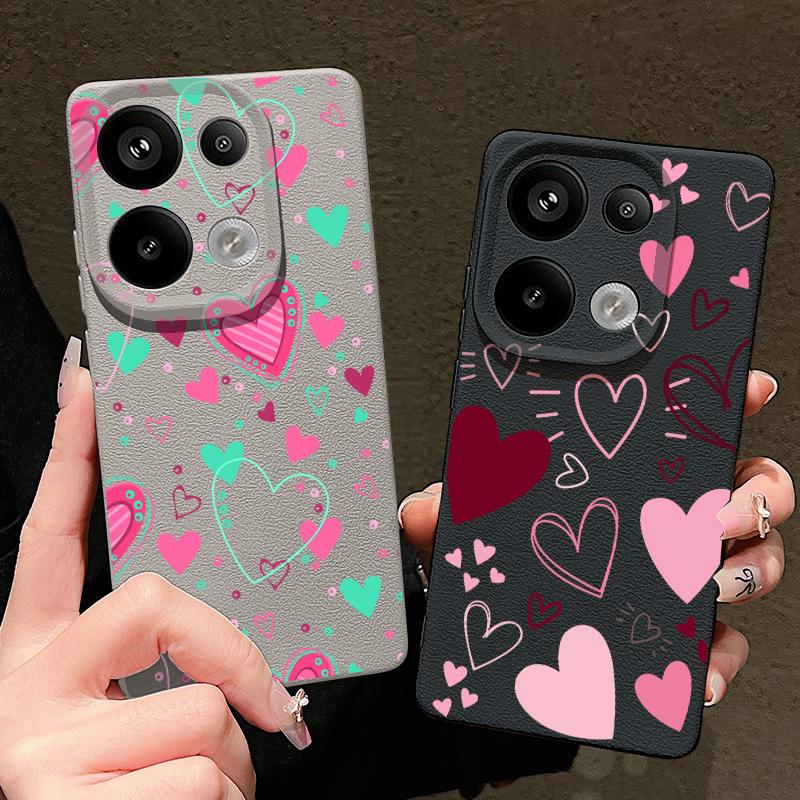 Cute Cartoon Love Hearts Case For Xiaomi 13T Pro Redmi Note 15 Pro 4G Redmi Note 14 13 Pro+ 5G Leather Texture Silicone Cover