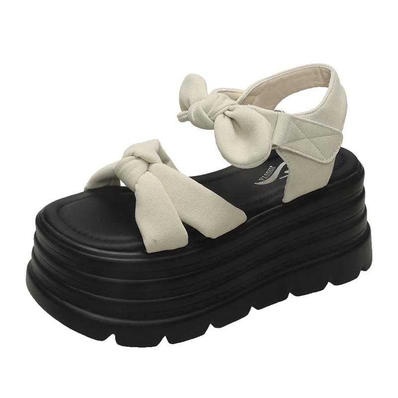 

Fashion 8CM High Platform Sandals Women New Summer Breathable High Heels Ladies Butterfly-knot Sneakers Wedges Chunky Slippers Sandalias 34 бежевый