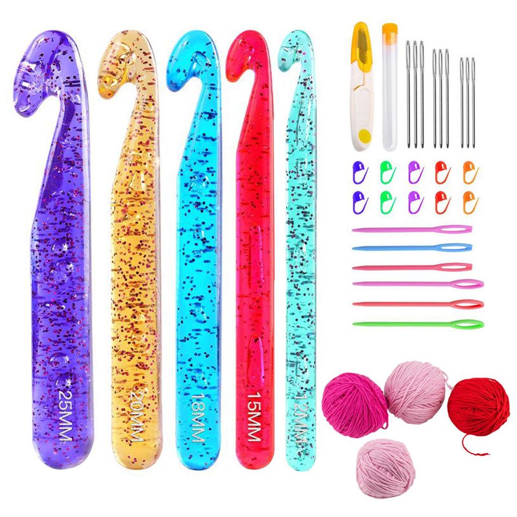 5pcs Large Crochet Hook Set 12mm-25mm Transparent Crystal Knitting Needles DIY Yarn Knitting Tool Yarn Knitting Needles Set