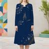 Women Plus Size Dark Blue Printed Round Neck Long Sleeve Cropped Cardigan Sleeveless Dress Two Piece Set