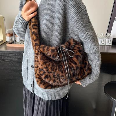 Small Leopard Faux Fur Shoulder Bags for Women 2024 Y2K Winter Korean Fashion New Trends Females Handbags and Purses