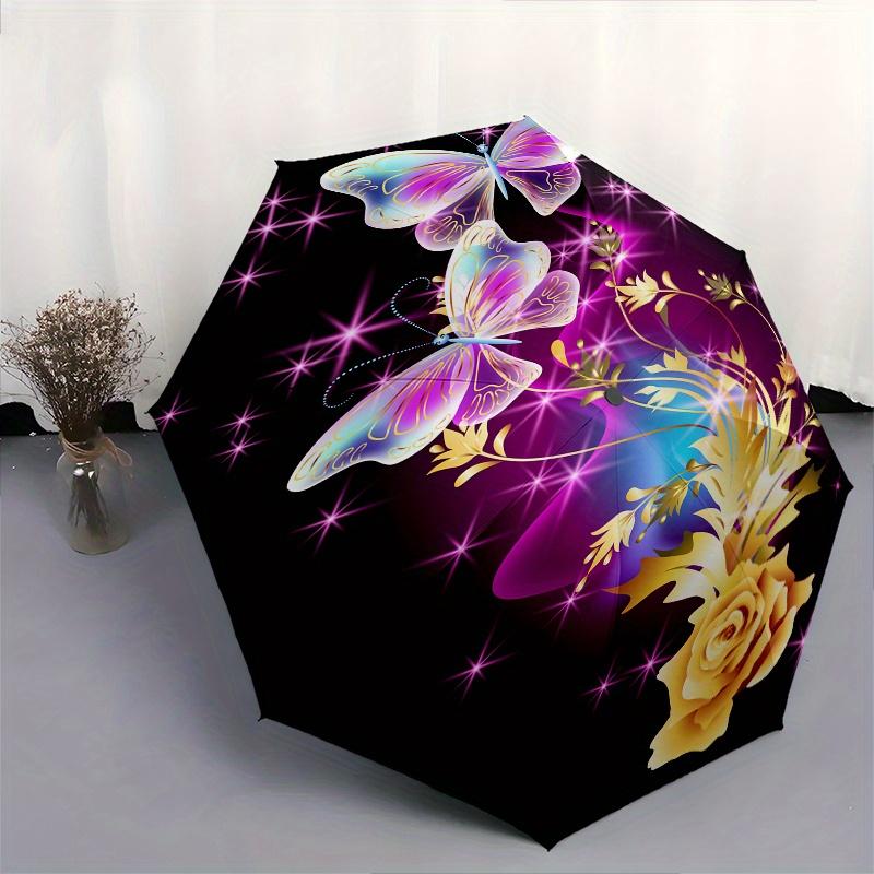 Butterfly and Flower Sparkle Phone CaseUmbrella, Cute Umbrella with Cute Design, Portable 3-Fold Compact Umbrella for Men & Women, Valentine's Day Mot