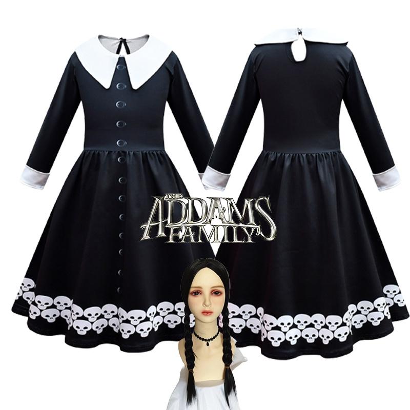 Vestido Wednesday Addams Bolsa Peruca Fantasia Cosplay Meninas Festa de Natal