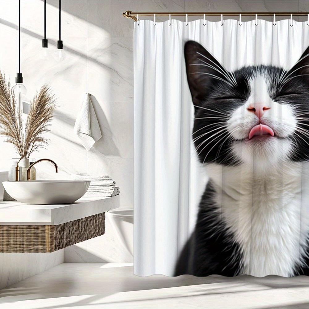 Cute Black and White Cat Shower Curtain Cat Licking Lips Happy Expression Pet Lover Decor Waterproof Fabric Bath Curtain Set