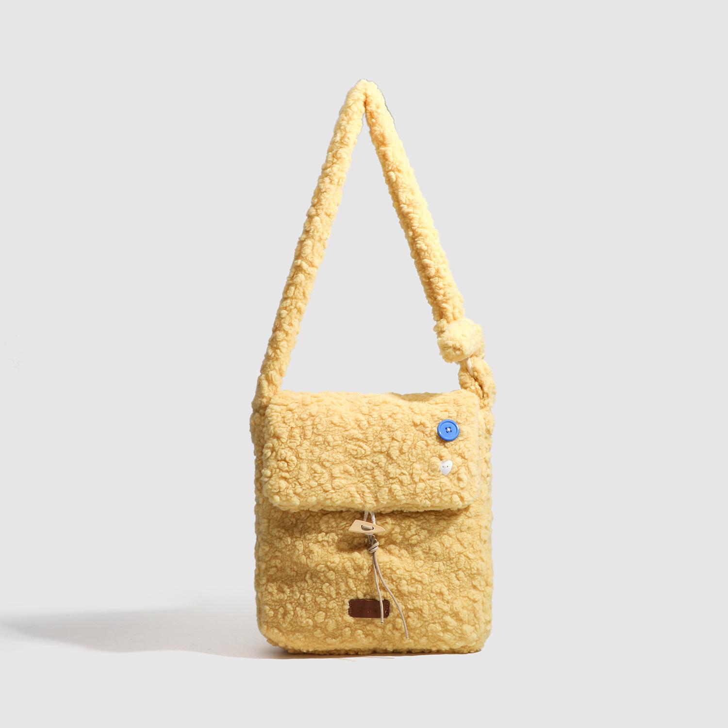 

New soft waxy wool bag button versatile large capacity oblique span shoulder bag women жёлтый