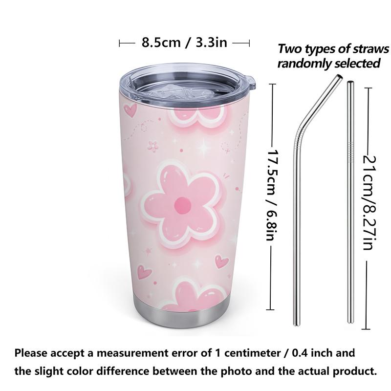 Car Tumbler 591ml Flower Heart Element Straw Cup Tumbler With Lid Portable Tumbler Stainless Steel Tumbler Leakproof Tumbler