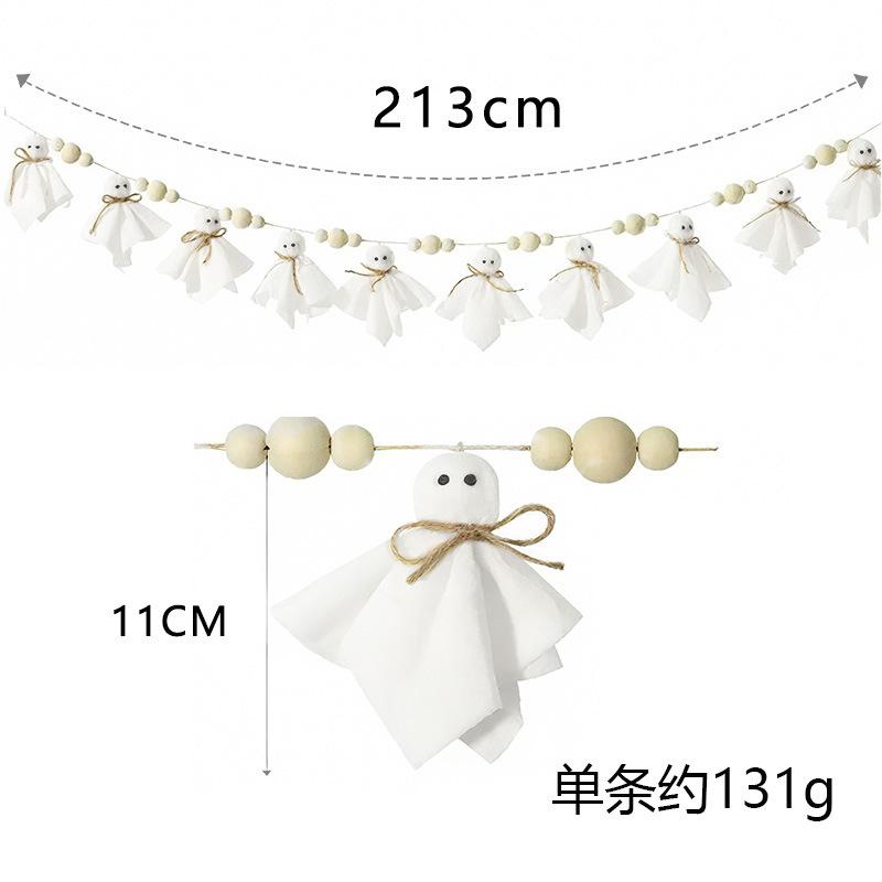 Cute Halloween Ghost Garland Rustic Handmade Ghosts Ornaments with Wooden Beads Indoor Home Decor for Wall Fireplace Doorway