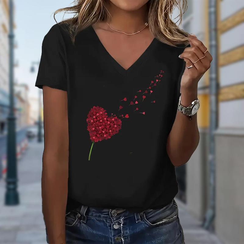 

Fashion Red Love Painting Blouses Short Sleeved V-Neck T Shirts Casual XS чорний