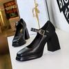 Thick Heel, Square Heel, High Heel, Waterproof Platform, Square Toe, Shallow Mouth, Belt Buckle, Straight Strap, Single Shoe for Women