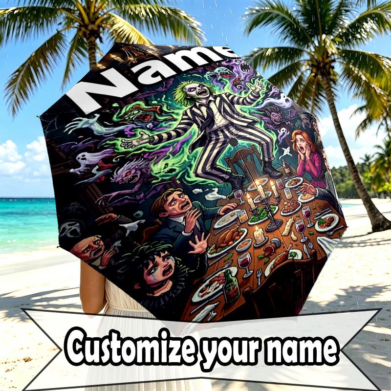 Custom Name Personalized Bride of Chucky Print Umbrella, Auto Open Close, 8‑Rib Sturdy Frame, Commute Camping Hiking Use, Birthday Gift