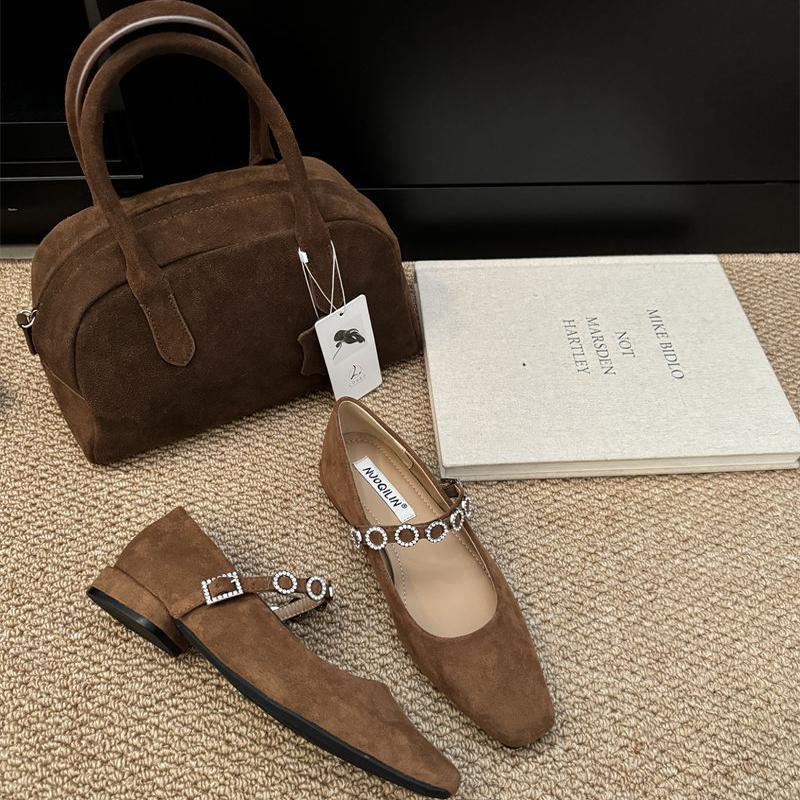 2025 temperament small square head Korean diamond belt shallow mouth Mary Jane shoes women's spring and autumn low-heeled suede single shoes