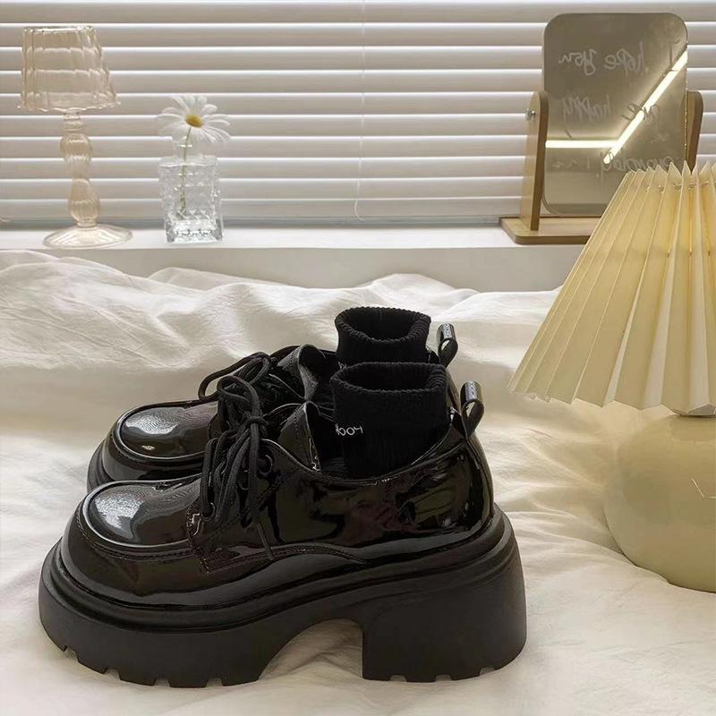 Black British style thick heel lace-up small leather shoes for women's spring and autumn new Japanese JK heightening Mary Jane commuter work shoes
