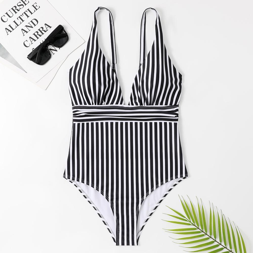 Sweet Striped V-Neck Backless One-Piece Swimsuit by Xingcheng