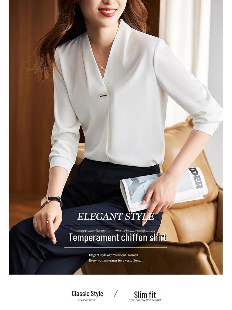 Women's V-Neck Chiffon Satin Shirt - High-End, Long-Sleeve, Anti-Wrinkle, Perfect for Spring and Autumn.