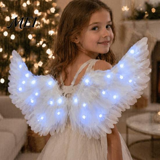 Fancy Dress Feather Wings LED Light Up Angel Costume for Kids, Holiday Accessories Glowing Fairy Wings, Halloween Cosplay Party Performance