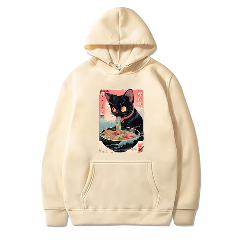 Funny Cat Eating Noodles Hoodie 2025 Men Women Fashion Vintage Long Sleeve Sweatshirt with Print Graphic Oversized Hoodie Unisex