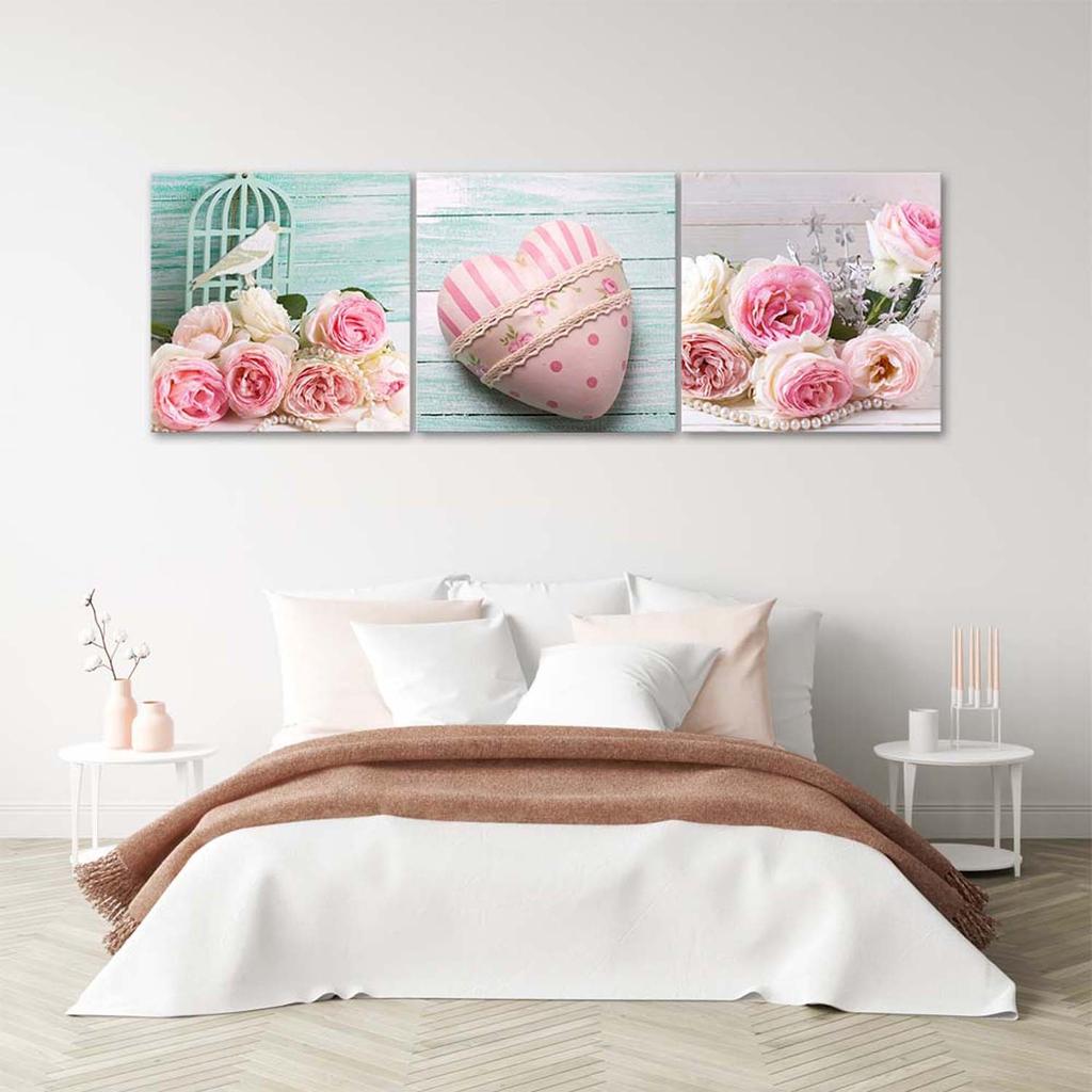 Set of Three Pictures Canvas Print Heart Roses Flowers