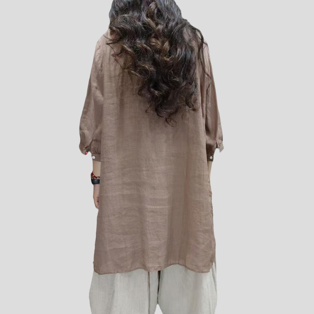 Vintage Summer Women's Cotton Linen Blouse Embroidered Loose Oversized Shirt Round Neck T-Shirt