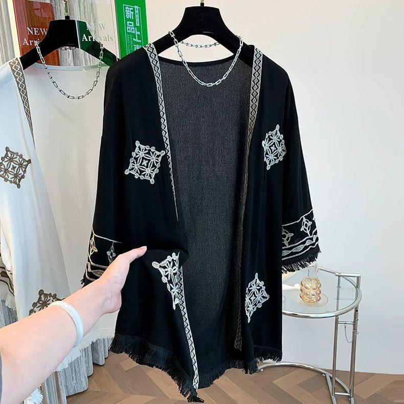 Ethnic Style Embroidered Thin Sun Protection Loose Medium Length Tassel 7-quarter Sleeve Cardigan Jacket for Women