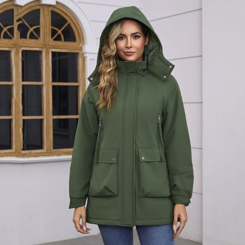 Damen Casual, Stilvoll, Abnehmbare Kapuze, Winddicht, Warme Wanderjacke, Winddichter Mantel, Baumwollmantel