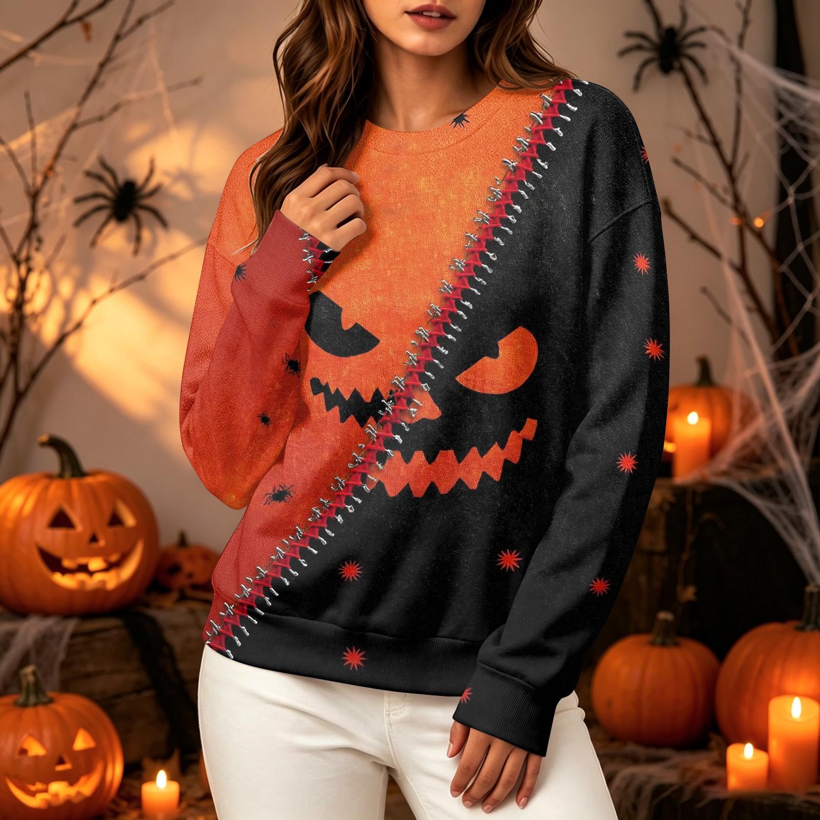 Women s Casual Long Sleeve Halloween Print Crewneck Sweatshirt S