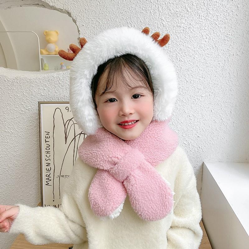 Kids Winter Warm Fleece Hooded Scarf With Deer Antlers Cartoon Design Girls - Chunky Knit Neck Warmer