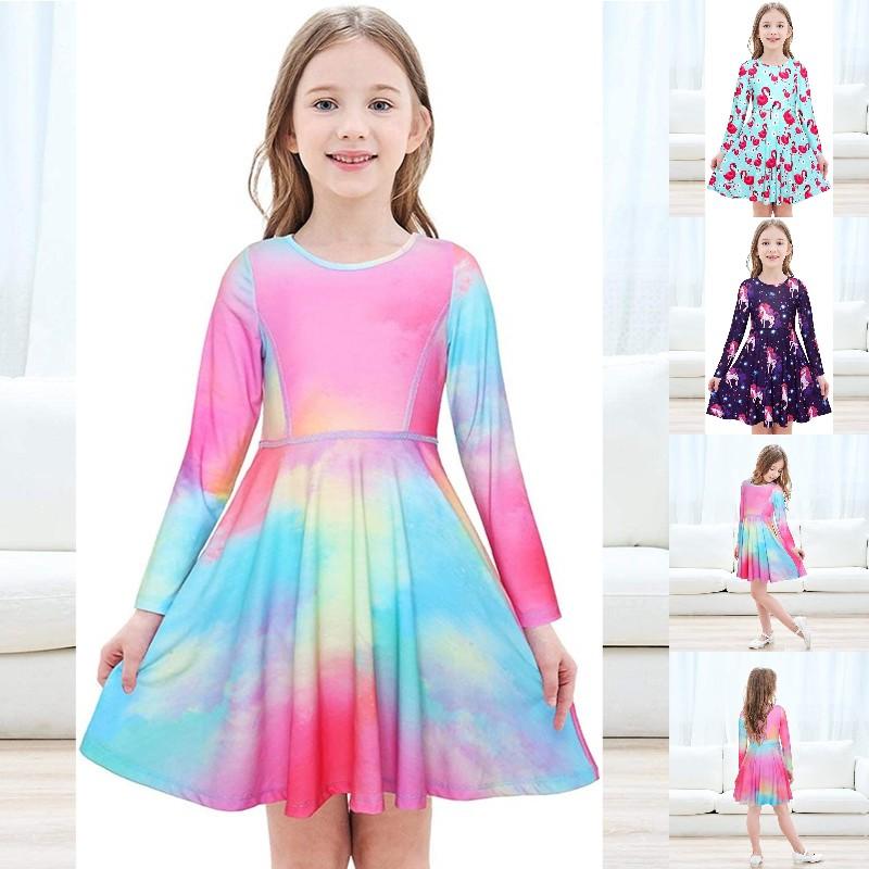 

Маленькие девочки с длинным рукавом платье галстук краситель / единорог платье качели вечеринка линия платья с карманами