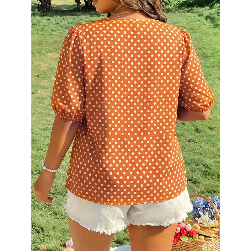 Summer New Large-sized Polka Dot Square-neck Top with Puff Sleeves, Loose and Slimming Baby Doll Style Shirt