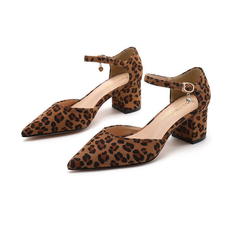 Fashion Women Autumn Pointed Toe Low Cut Chunky Heel Pumps Sexy Leopard Print Strap Professional Commuting Shoes