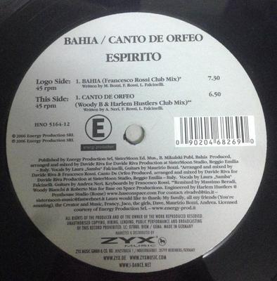 Disque 12 pouces ESPIRITO - Bahia / Canto De Orfeo HNO516412 Numéro de maison. 2006 Allemagne Danse & Électronique Occasion
